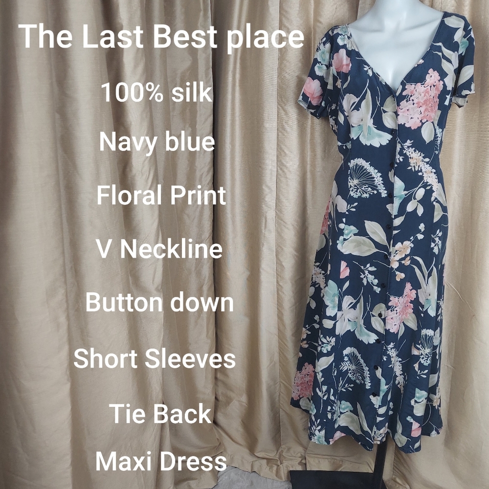 The last best place 100% silk blue floral maxi dress Size M
